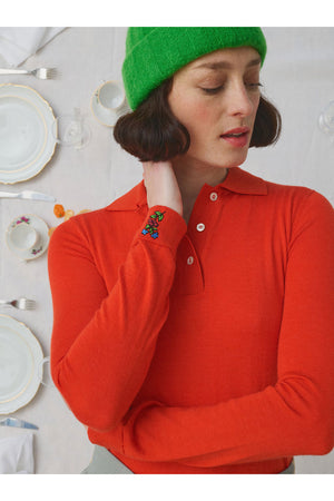 Mii Full Sleeve Embroidered Polo Sweater Orange