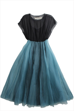 Louiza Babouryan Silk Satin Dress Teal Black