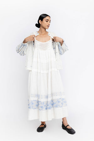 Injiri Amber 90 Sundress White with Blue Embroidery