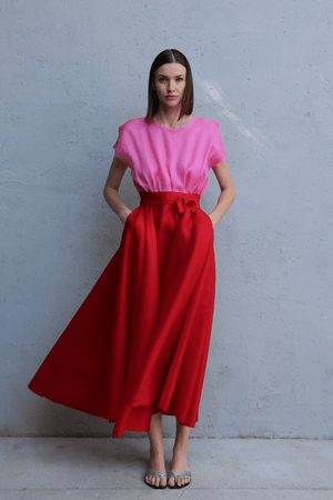 Louiza Babouryan Silk Satin Dress Red Watermelon