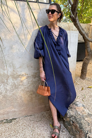 Two New York Ruffle Caftan Indigo Micro Stripe