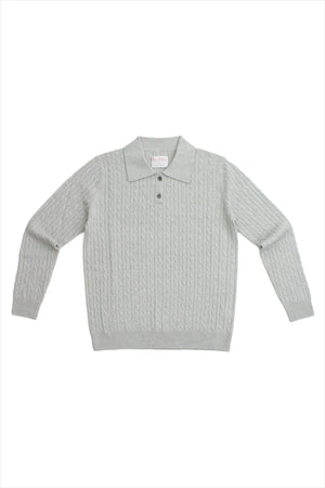 F&H Women's Tiny Cable Polo Pullover Pale Gray