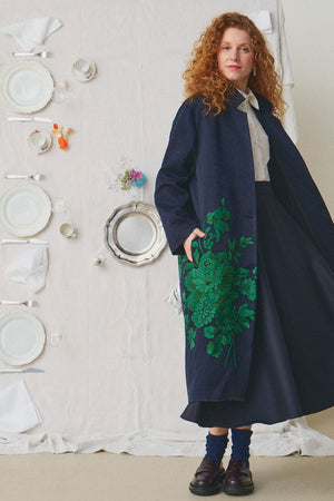 Mii Doniv Hand Embroidered Silk Kantha Coat Marine