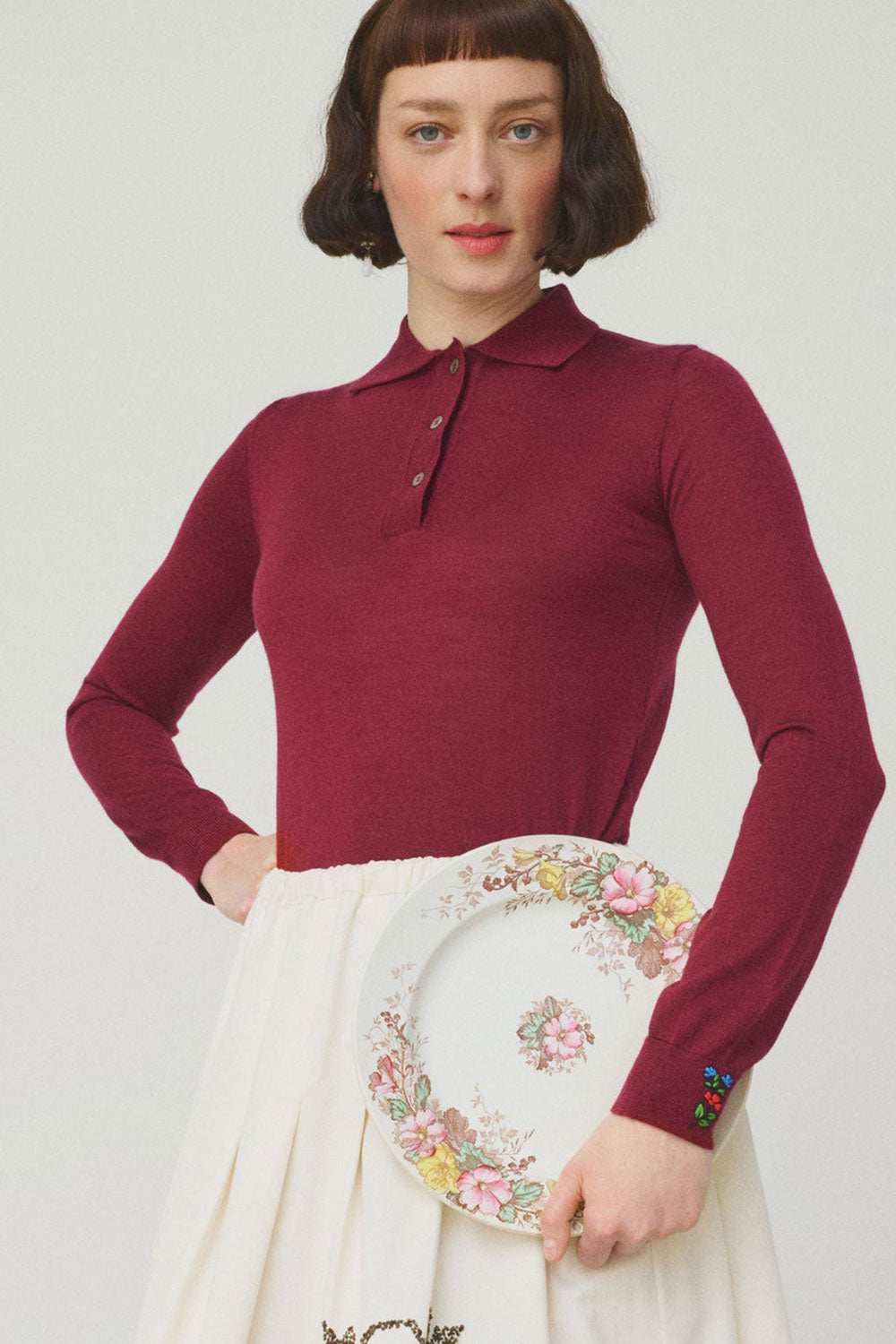 Mii Full Sleeve Embroidered Polo Sweater Bordeaux
