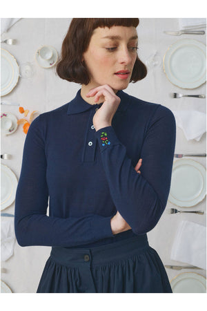 Mii Full Sleeve Embroidered Polo Sweater Navy
