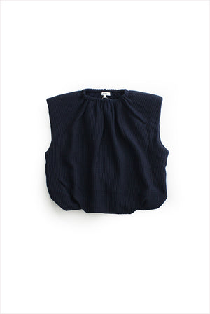 Tibi Quilted Waffle Shirred Neck Top Dark Navy