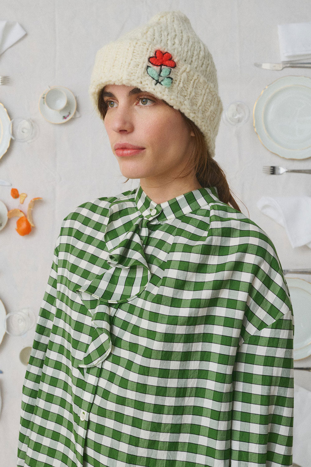 Mii Hand Embroidered Knitted Bonnet Off White