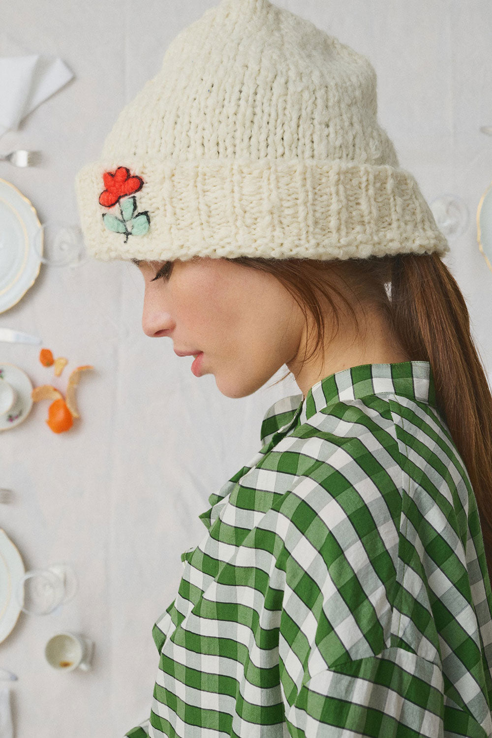 Mii Hand Embroidered Knitted Bonnet Off White