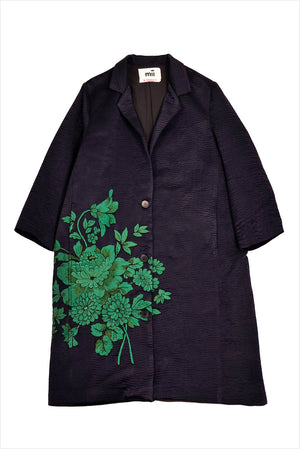 Mii Doniv Hand Embroidered Silk Kantha Coat Marine