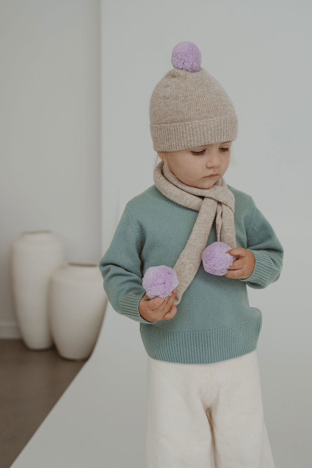 Cashmere Kids Pom Pom Beanie Toast