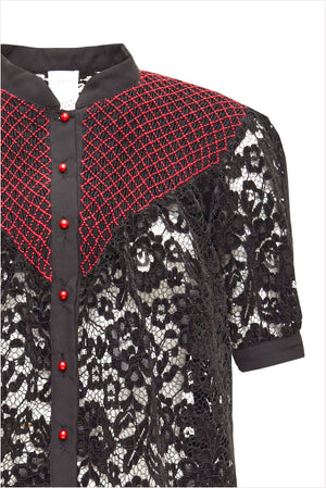 Loretta Caponi Iole Blouse Black Lace & Red Buttons