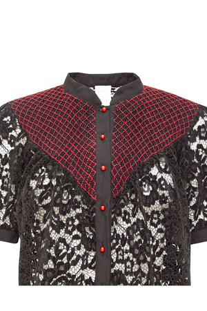 Loretta Caponi Iole Blouse Black Lace & Red Buttons