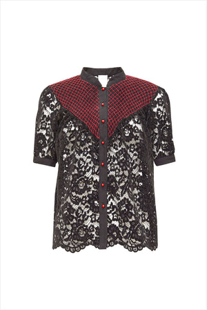 Loretta Caponi Iole Blouse Black Lace & Red Buttons