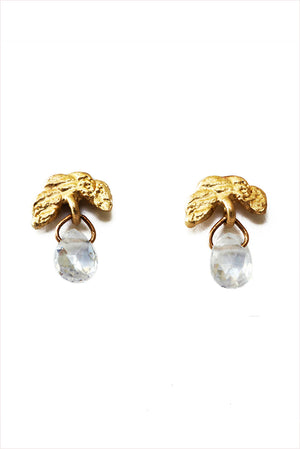 Twisted Cresent Drop Studs White Topaz And 18k Gold