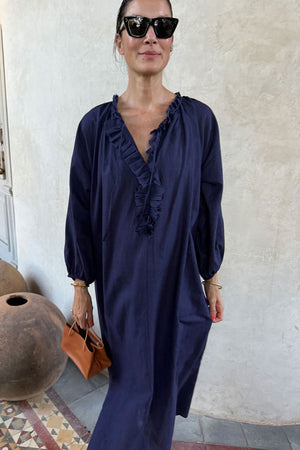 Two New York Ruffle Caftan Indigo Micro Stripe