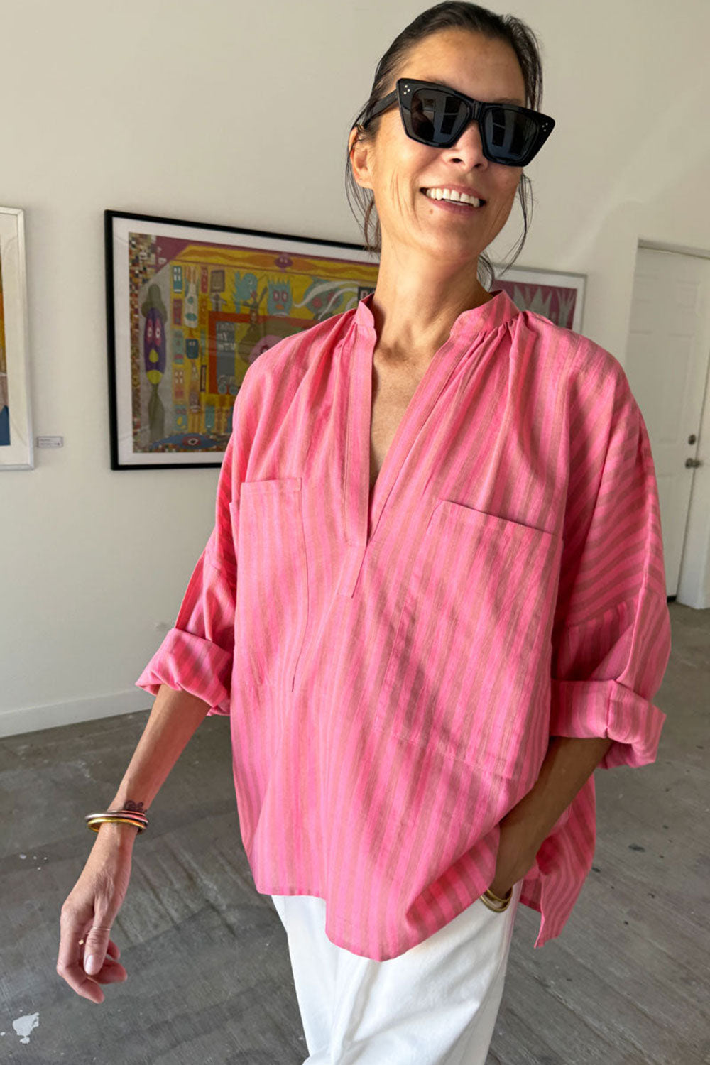 Two New York Long Sleeve Pocket Shirt Pink Buff Stripe