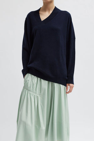 Tibi Resort Cashmere Warp V-Neck Pullover Navy