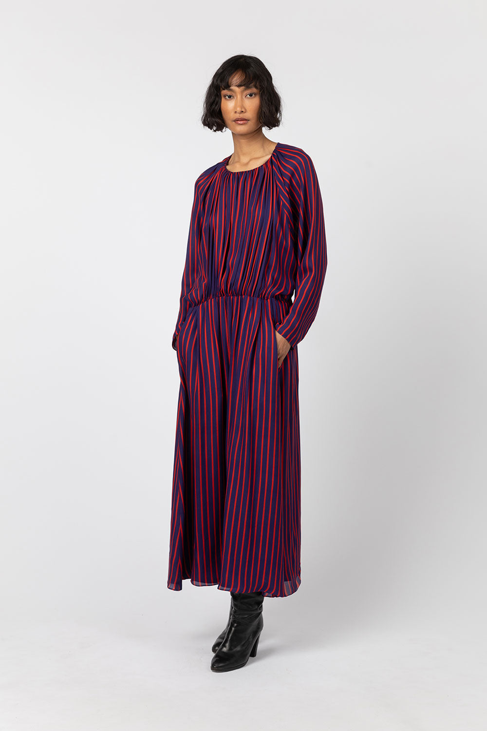 Indress Escaut Silk Stripe Dress Scarlet Blue