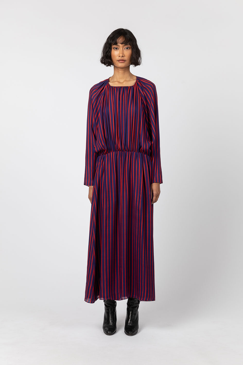 Indress Escaut Silk Stripe Dress Scarlet Blue