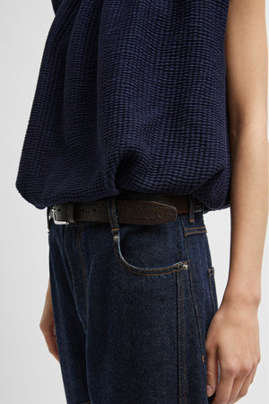 Tibi Quilted Waffle Shirred Neck Top Dark Navy