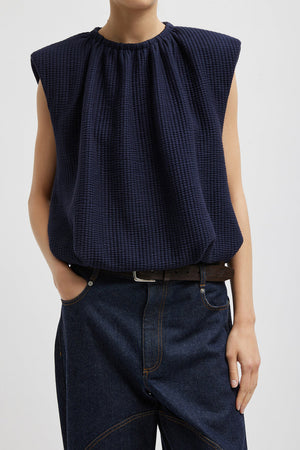 Tibi Quilted Waffle Shirred Neck Top Dark Navy