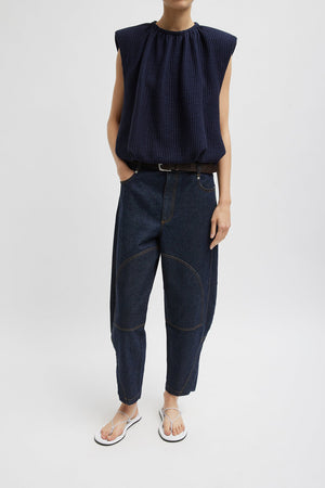 Tibi Quilted Waffle Shirred Neck Top Dark Navy