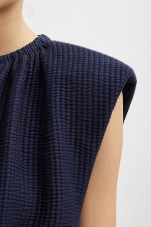 Tibi Quilted Waffle Shirred Neck Top Dark Navy