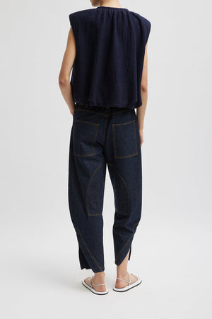 Tibi Quilted Waffle Shirred Neck Top Dark Navy