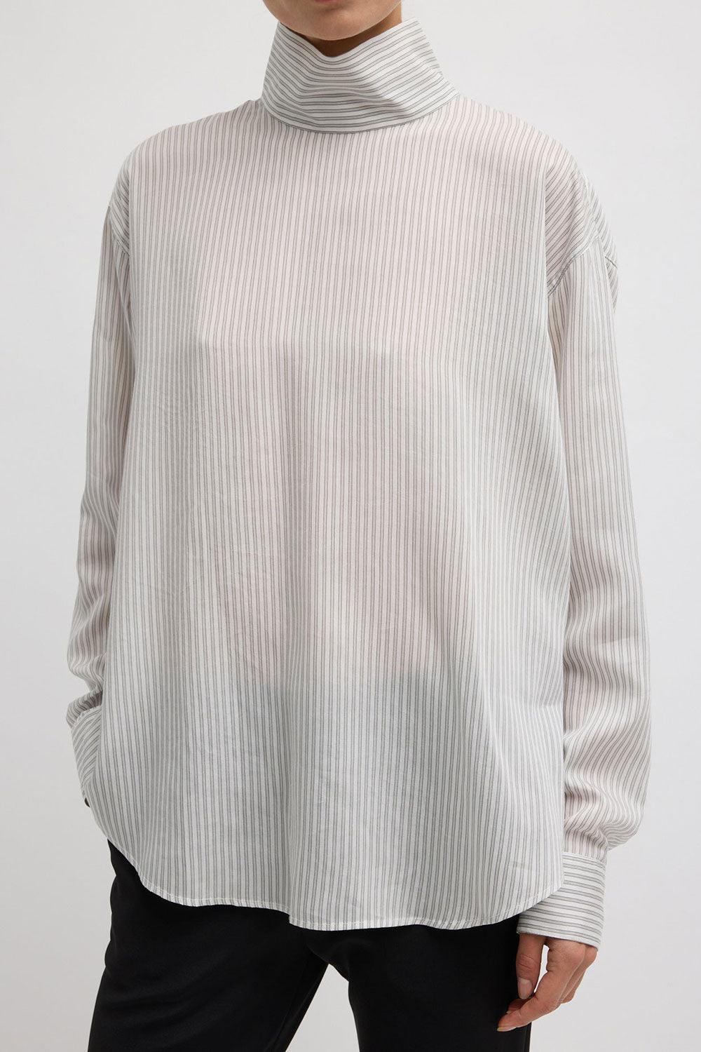 Tibi Striped Silk Funnel Neck Shirt White Grey