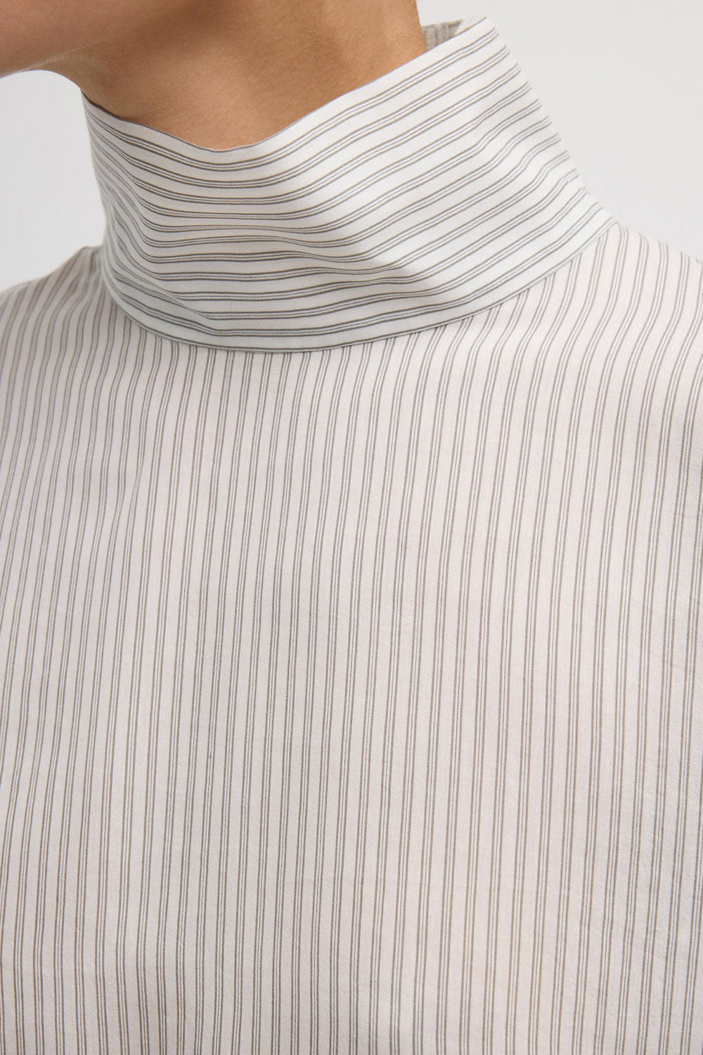 Tibi Striped Silk Funnel Neck Shirt White Grey