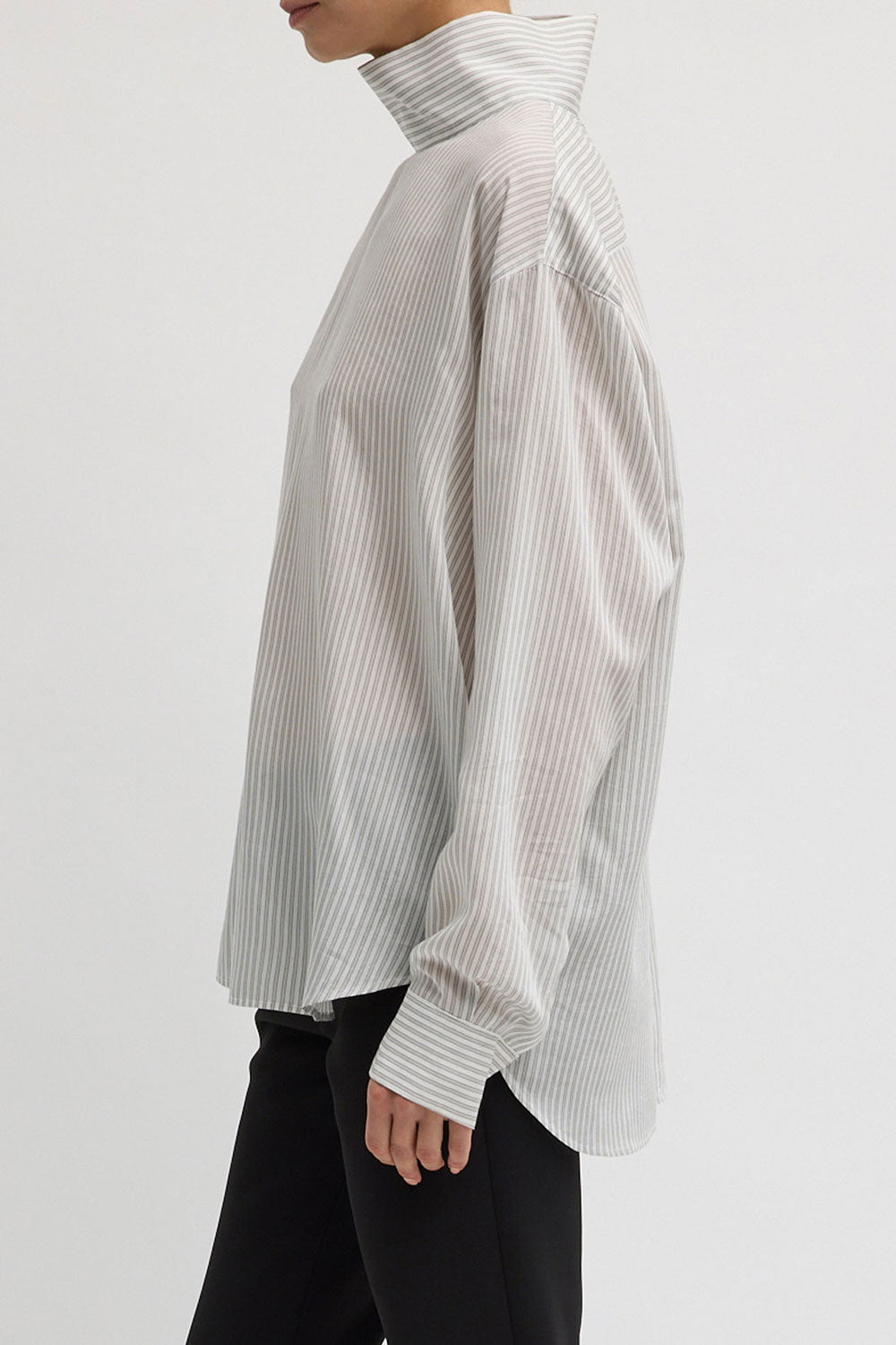 Tibi Striped Silk Funnel Neck Shirt White Grey