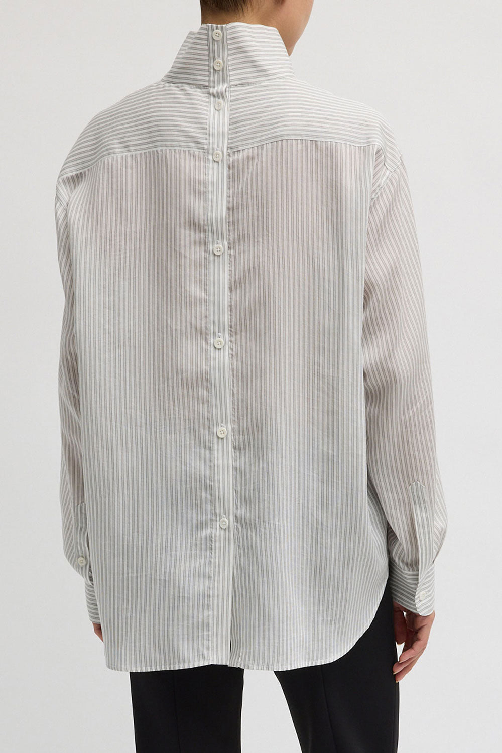Tibi Striped Silk Funnel Neck Shirt White Grey