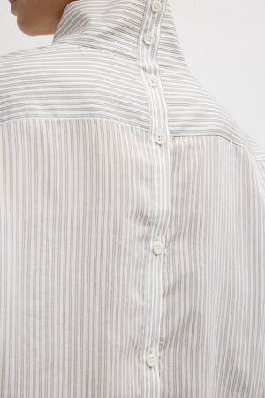 Tibi Striped Silk Funnel Neck Shirt White Grey