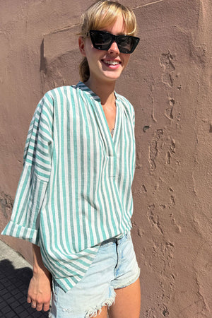 Two New York Long Sleeve Stripe Shirt Green White Stripe