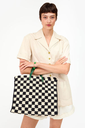 Clare V. Crochet Checker Simple Tote Black Cream