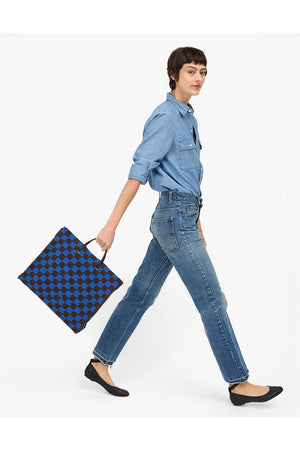 Clare V. Crochet Checker Simple Tote Deep Blue Chocolate