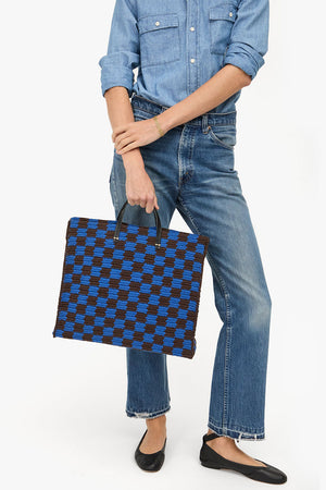 Clare V. Crochet Checker Simple Tote Deep Blue Chocolate