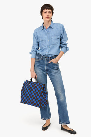 Clare V. Crochet Checker Simple Tote Deep Blue Chocolate