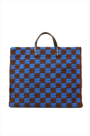 Clare V. Crochet Checker Simple Tote Deep Blue Chocolate