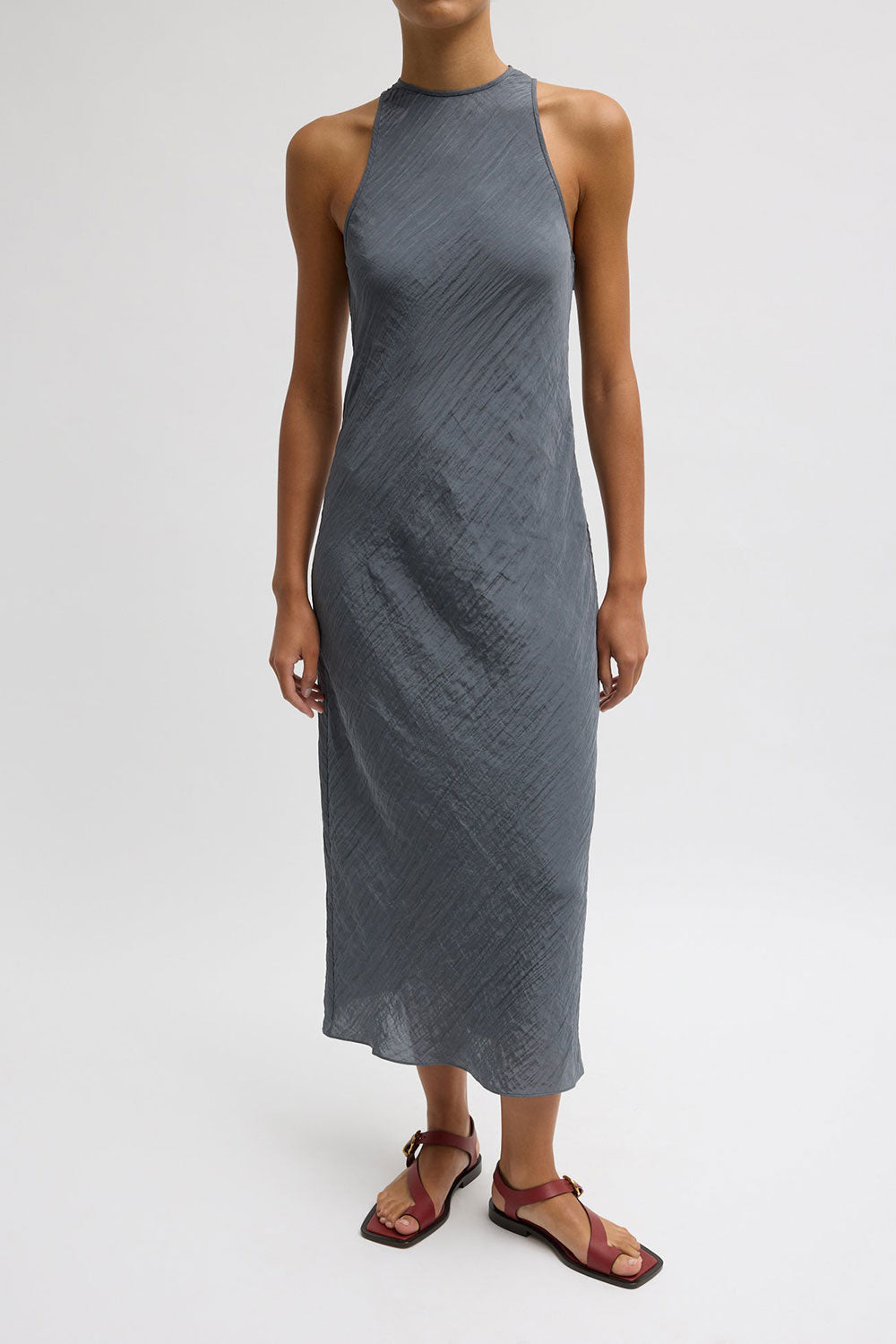 Tibi Crinkle Slip Midi Bias Dress Dark Grey