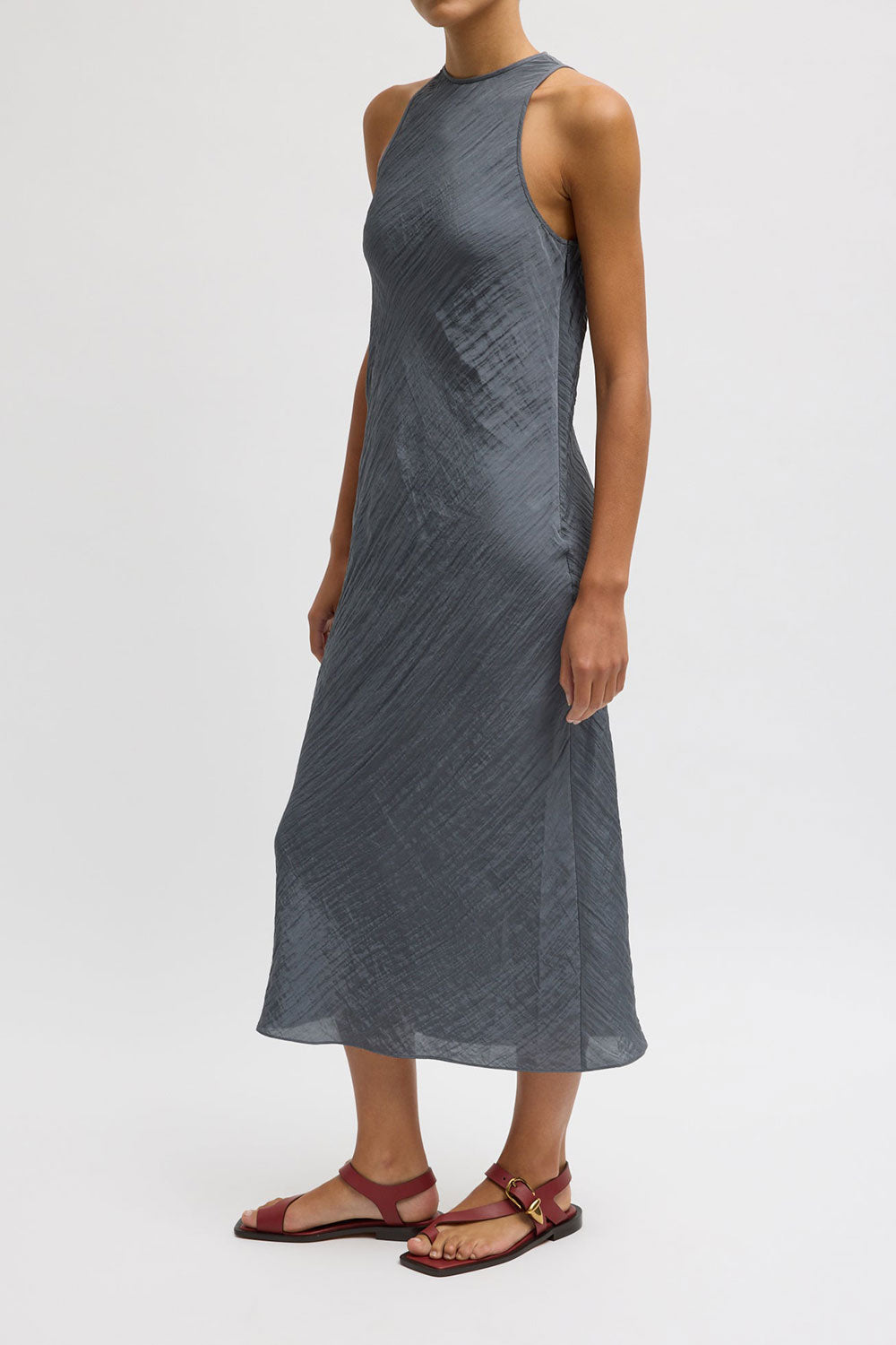 Tibi Crinkle Slip Midi Bias Dress Dark Grey