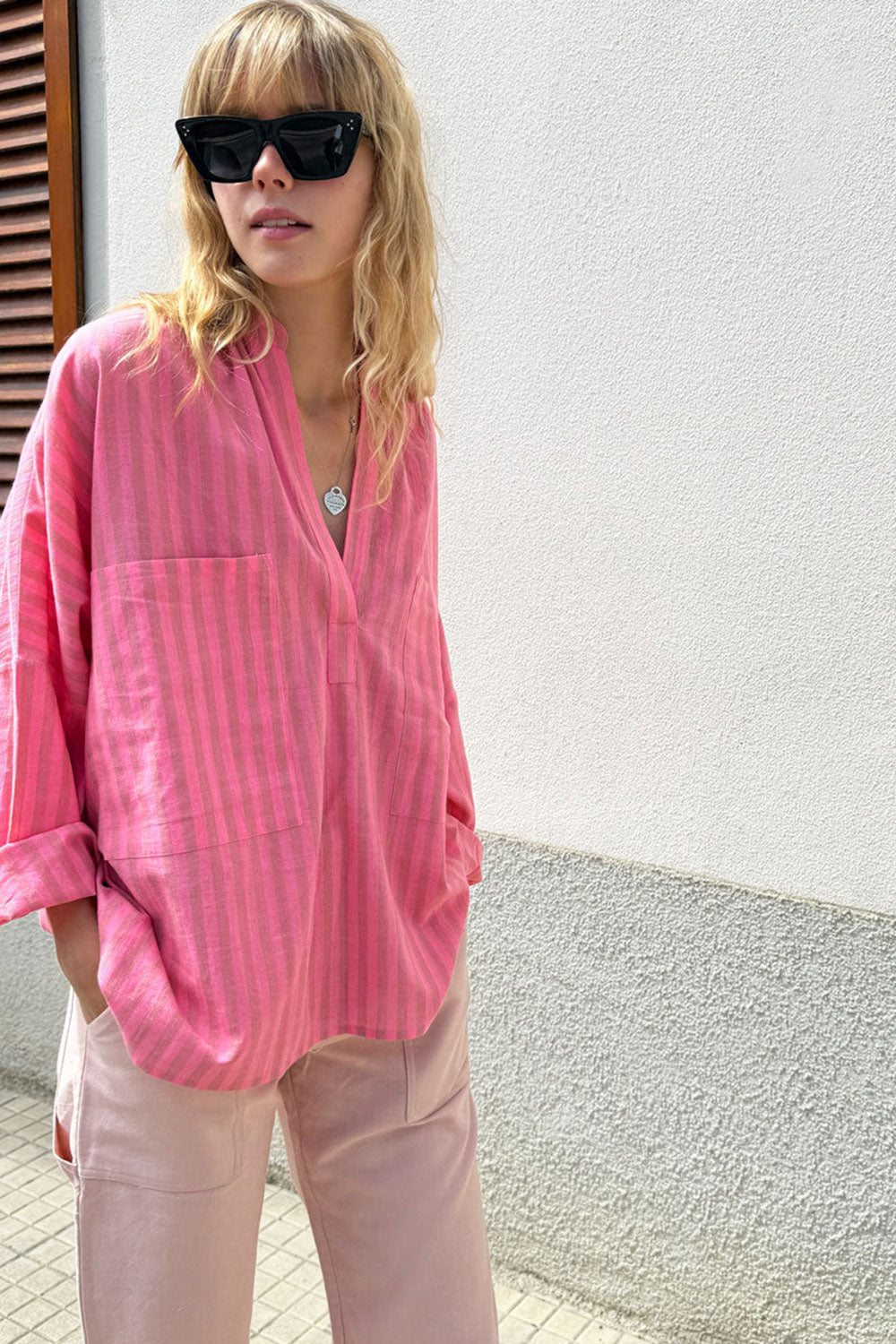Two New York Long Sleeve Pocket Shirt Pink Buff Stripe