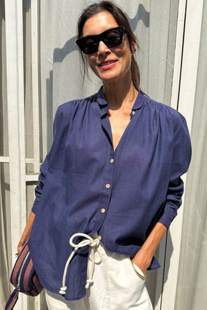 Two New York Round Collar Button Shirt Blue Stripe