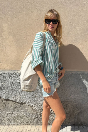Two New York Long Sleeve Stripe Shirt Green White Stripe